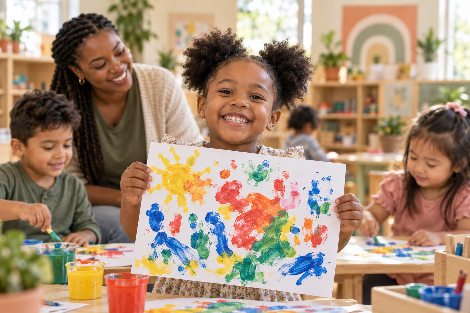 Proud child sharing a colorful painting